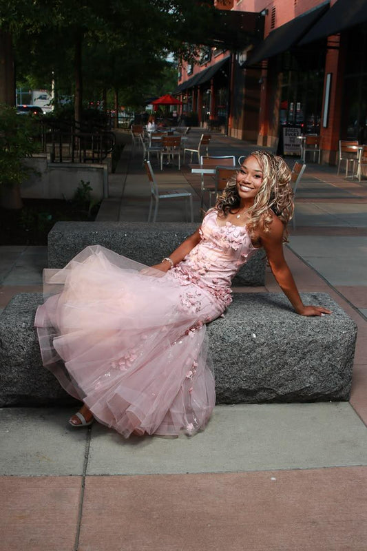 Elegant Pink Spaghetti Straps Tulle Sequin Appliques Mermaid Long Prom Dress Party Gown SP2689