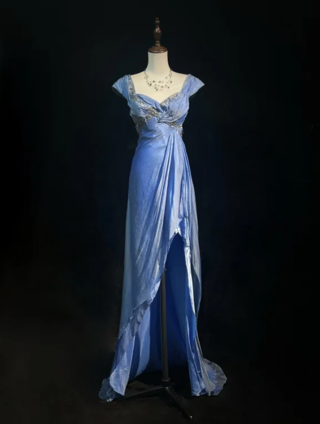 Unique Blue V Neck Satin Chiffon Beaded Mermaid Long Party Dress Birthday Prom Dresses SP1863