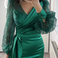 Dark Green Mermaid V Neck Satin Evening Dress Long Sleeves Y6109