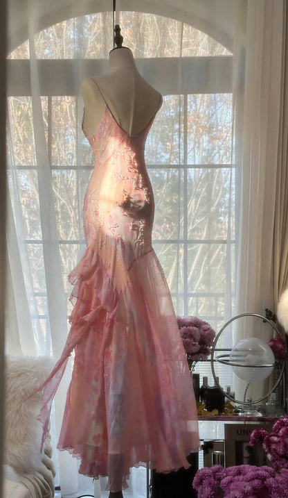 Pretty Pink Chiffon Beaded Mermaid Prom Dress Long Evening Dress Y8425