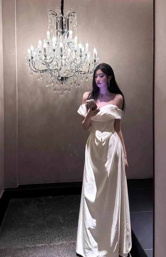 Glamorous Off The Shoulder White Satin Long Evening Dress Birthday Dress SP2024