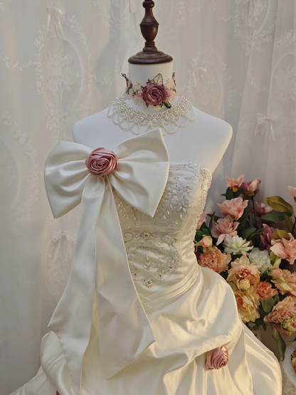 Elegant Strapless Bow Ball Gown White Satin Pleated Beaded Long Party Dress Birthday Dress With Rose Flowers SP2160