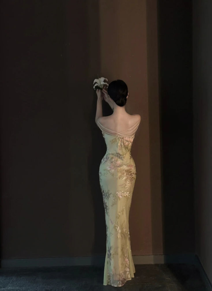 Chic Spaghetti Straps Chiffon Printed Floral Mermaid Prom Gown Birthday Party Dress SP493