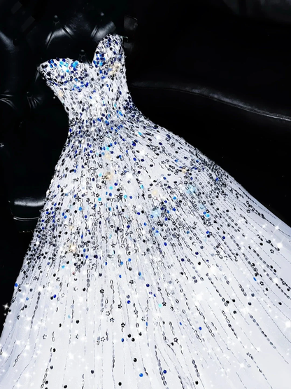 Glitter Strapless White Tulle Sequin Beaded Long Party Dress Evening Dress SP4114