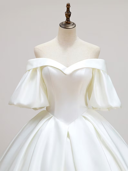 Simple Off-Shoulder Short Sleeves Wedding Dress Satin Chapel Train Ball Gown Bridal Dress Y2388