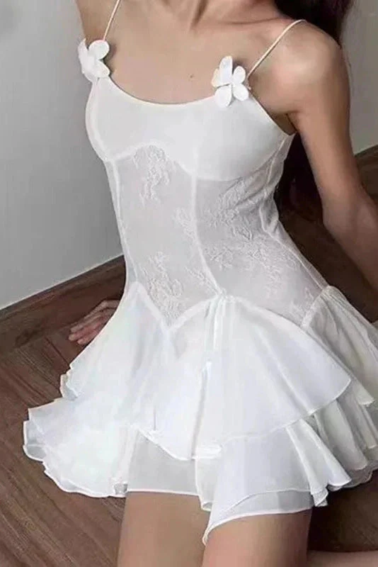 Classy Spaghetti Straps Chiffon Lace A Line Short 16th Birthday Outfits,White Formal Graduation Homecoming Dress SP2644