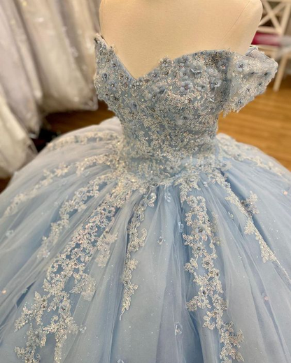 Off The Shoulder Blue Lace Tulle Ball Gown,Blue Sweet 16 Dress,Princess Dress Y2061