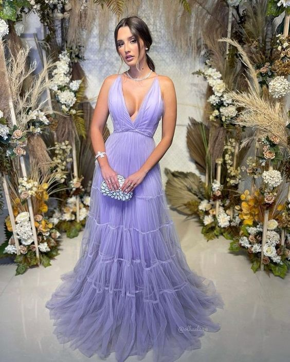 A-line Lilac Tulle Deep V-Neck New Best Modest Elegant Long Women Evening Prom Dresses Y5566