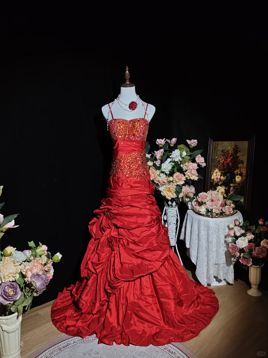 Vintage Red Spaghetti Straps Satin Pleated Long Party Dress Prom Dress SP2262