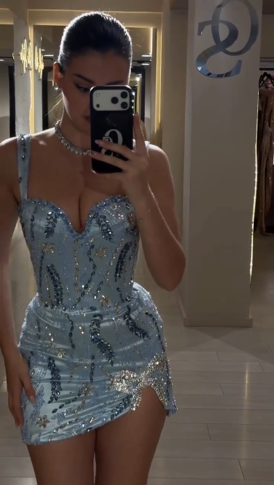 Glamorous Spaghetti Straps Satin Sheath Mini Prom Dress,Blue Short 7th Grade Homecoming Dress SP3306
