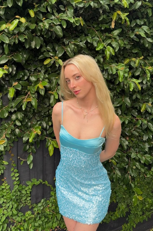 Shiny Blue Spaghetti Straps Sequin Short 8th Grade Homecoming Dress Birthday Outfits SP3018