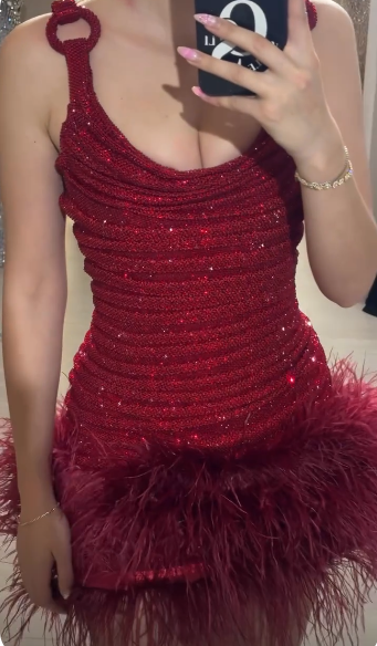 Glitter Burgundy Sequin Feathers Sheath Short Graduation Homecoming Dress SP3200
