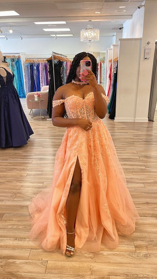 Peach Pink Glitter Tulle Appliques Evening Dress with Corset Bodice Y6173