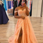 Peach Pink Glitter Tulle Appliques Evening Dress with Corset Bodice Y6173