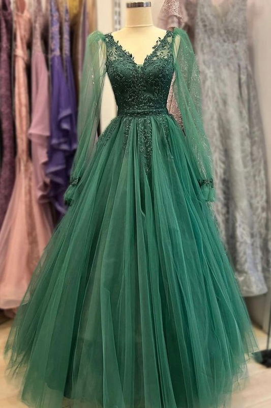 Green tulle beads V Neck long Sleeve prom dress green evening dress Y6811