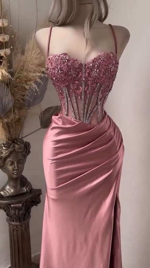 Glamour Spaghetti Straps Satin Beaded Appliques Pleated Mermaid Prom Dress Pink Party Dress SP4196