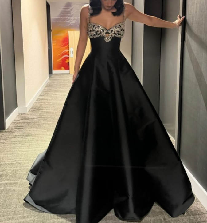 Stylish Spaghetti Straps Black Satin Beaded A Line Long Party Dress Birthday Outfits SP1033