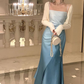 Elegant Sheath Straps Blue Prom Dresses Formal Dress Y7363