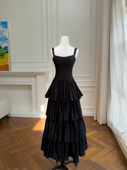 Fashion Black Spaghetti Straps Satin Layered Long Prom Dress Party Gown SP2581