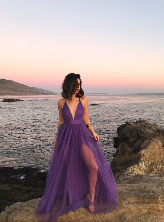 Simple Purple Tulle A-line Long Evening Prom Dresses, Custom Spaghetti Straps Prom Dress Y5947