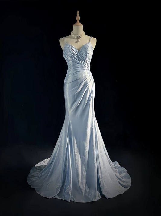 Elegant Blue Spaghetti Strap Prom Gown Pleated Backless Banquet Evening Dress Y8773