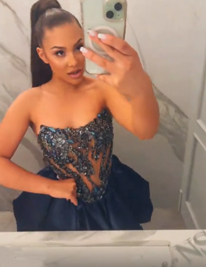 Gorgeous Blue Satin Beaded A Line Short 8th Grade Homecoming Dress,Strapless Short Birthday Outfits SP3141