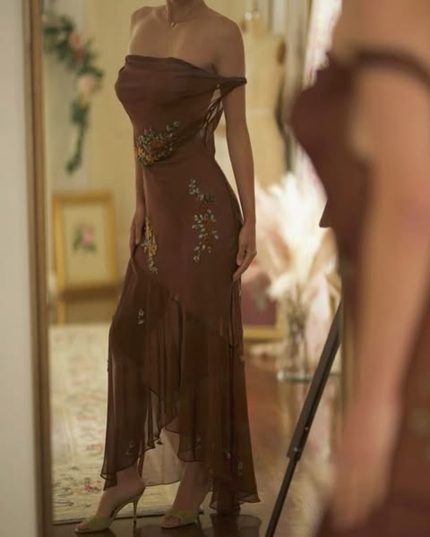 Vintage Brown Off The Shoulder Chiffon Mermaid Long Prom Dress Party Gown SP3384