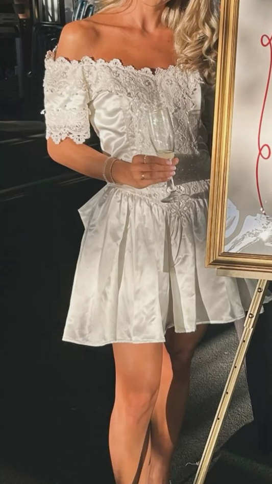 Charming White Satin Lace A Line Short Homecoming Dress,Off The Shoulder Mini 16th Birthday Outfits SP3000