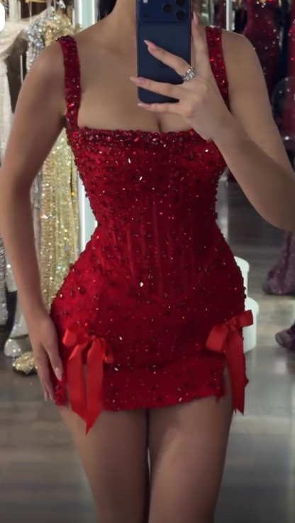 Pretty Red Spaghetti Straps Satin Beaded Sheath Short Homecoming Dress Cocktail Dress SP3307