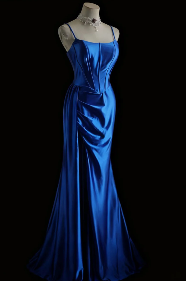 Classy Blue Spaghetti Straps Satin Pleated Mermaid Long Party Dress Birthday Prom Dresses SP1201