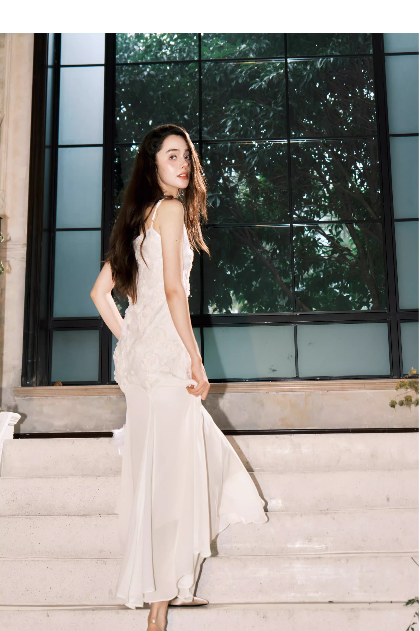 Fairy Spaghetti Straps 3D Rose Flowers Chiffon Mermaid Prom Dress White Birthday Party Dress SP1981