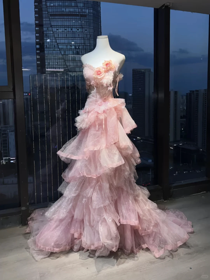 Pretty Sweetheart Neck Pink Tulle Ruffles Sequin Floral Mermaid Long Party Dress Birthday Dress SP2538