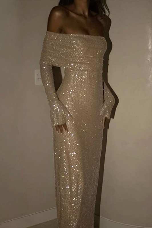 Shiny Off The Shoulder Champagne Sequin Sheath Long Party Dress Formal Wedding Guest Dress SP957