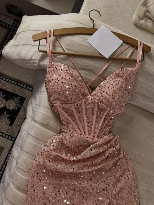 Elegant Spaghetti Straps Pink Sequin Slit Mermaid Party Dress Long Wedding Guest Dress SP2680