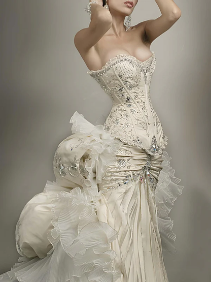 Vintage Strapless Apricot Satin Beaded Pleated Mermaid Long Prom Dress Evening Dress Y9711