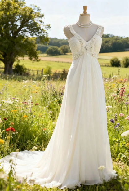 Pretty V Neck Sleeveless White Chiffon Appliques Beaded Mermaid Long Wedding Dress SP1202