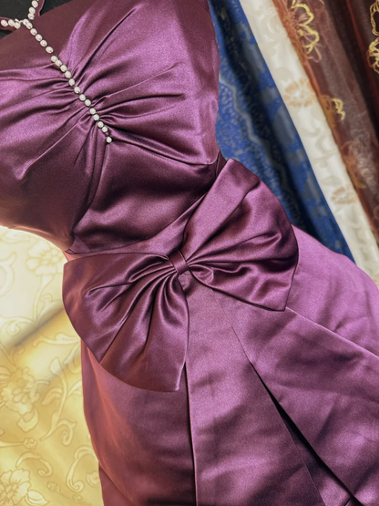 Vintage Purple Satin Bow Pleated Short Homecoming Dress Cocktail Dress With Beads SP2191