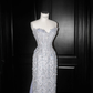 Glamorous Blue Strapless Sequins Beaded sheath Long Prom Dress Evening Dress Y8654