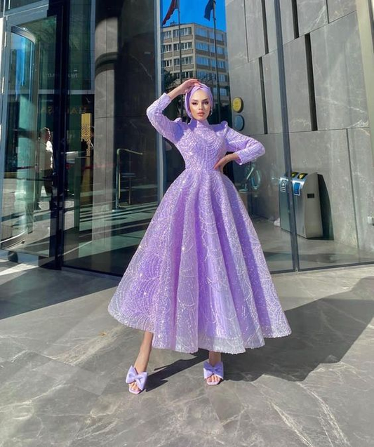 Modest Purple A-line Prom Dress,Muslim Dress Y7005