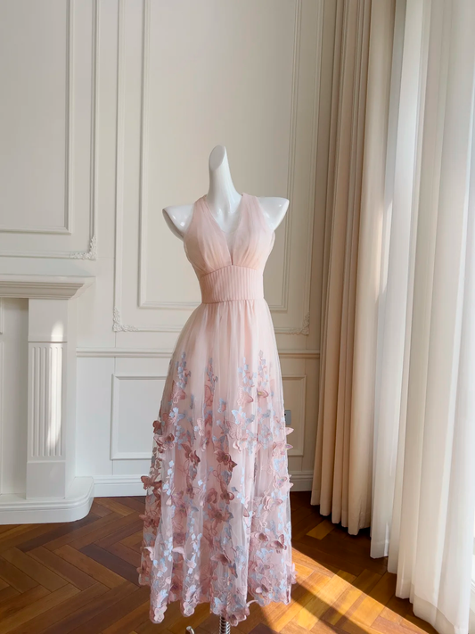 Elegant Halter Light Pink Tulle Butterfly Appliques A Line Long Prom Dress Party Dress SP2568