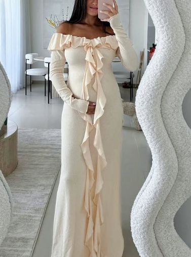 Classy Off The Shoulder Ruffles Cream Long Prom Dress Slit Party Evening Dress Y7975