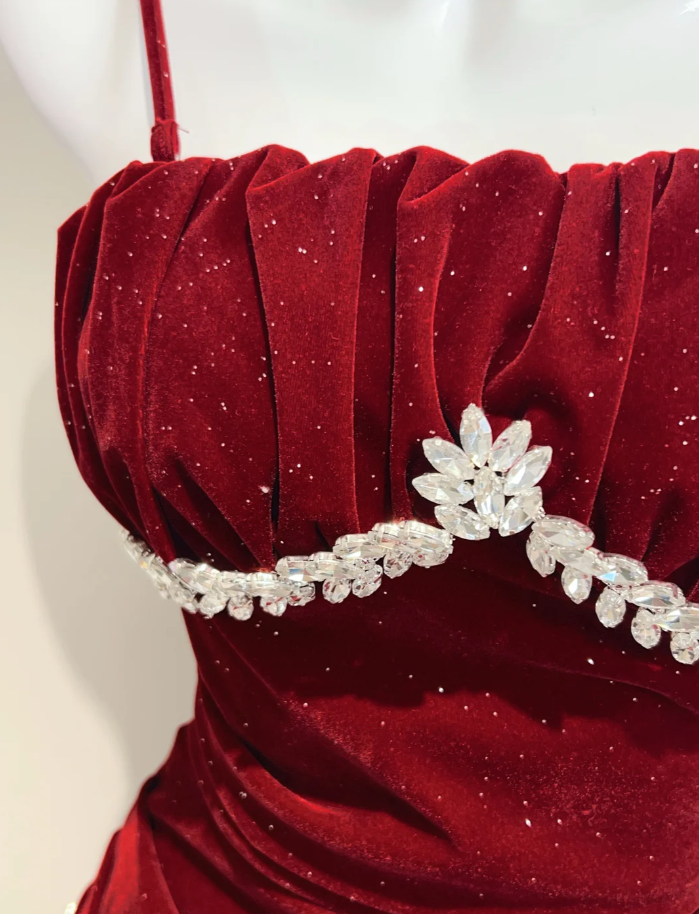 Shiny Spaghetti Straps Red Velvet Sequin Beaded Ruffles Mermaid Party Dress Long Prom Dress SP429