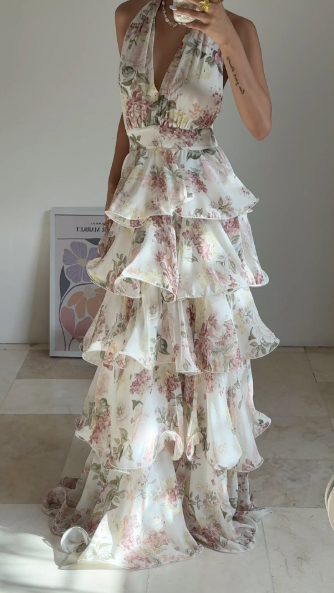 Glamorous Chiffon Print Floral A Line Backless Prom Dress,V Neck Halter Layered Evening Dress Y8501