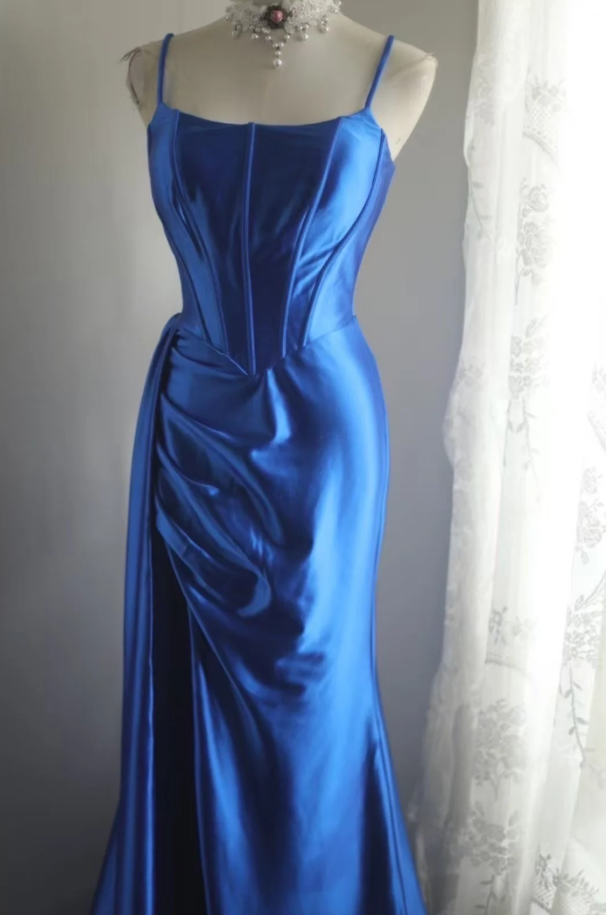 Classy Blue Spaghetti Straps Satin Pleated Mermaid Long Party Dress Birthday Prom Dresses SP1201