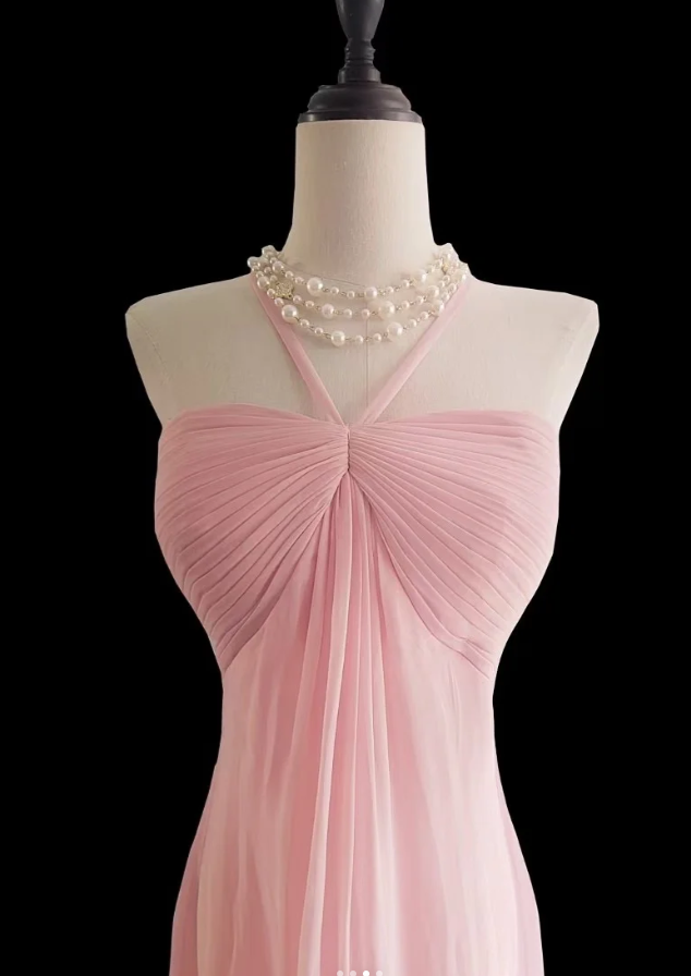 Sweet Pink Halter Chiffon Mermaid Party Dress Long Wedding Guest Dress SP420