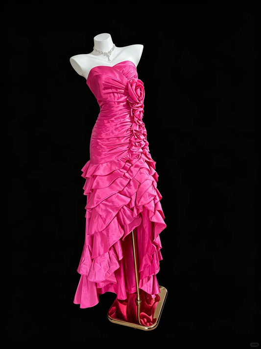Vintage Hot Pink Satin Mermaid Party Dress Strapless Ruched Ruffled Asymmetrical Prom Dress SP2726