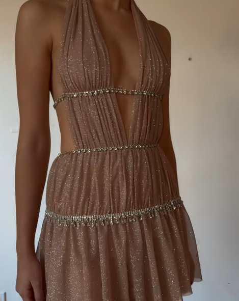 Sparkly Halter Deep V Satin Sequin Beaded Short Graduation Homecoming Dress 19th Birthday Outfits SP43