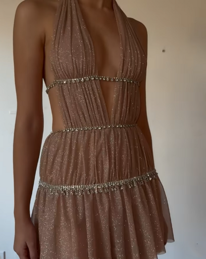 Sparkly Halter Deep V Satin Sequin Beaded Short Graduation Homecoming Dress 19th Birthday Outfits SP43