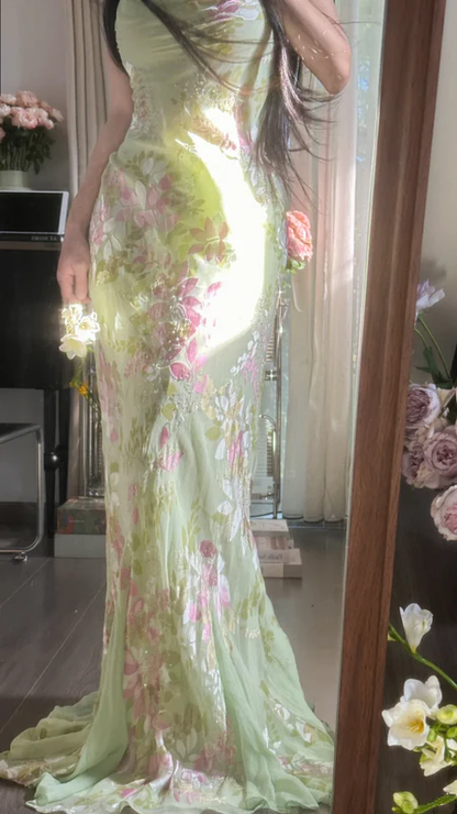 Pretty Light Green Spaghetti Straps Chiffon Print Floral Mermaid Long Birthday Dress Evening Dress SP2268