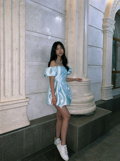 Cute Blue Off The Shoulder Satin A Line Short Graduation Homecoming Dress Cocktail Dress SP3479